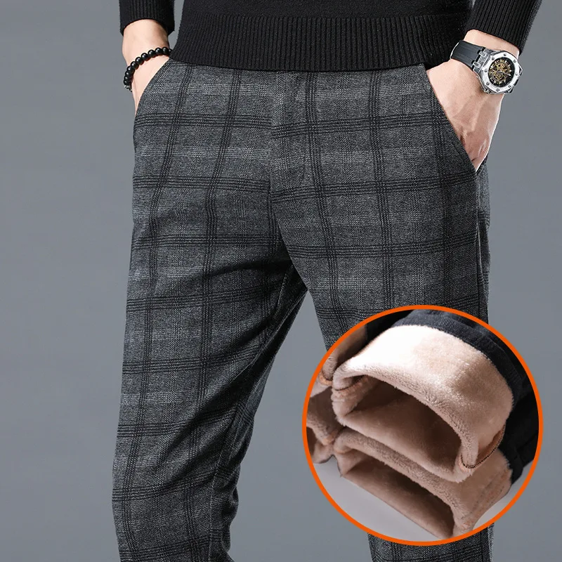 Winter Fleece Pants Me High Quality Business Casual Plaid Slim Cotton Long Trousers Male Black Gray Thick Pant Big Size 28-40