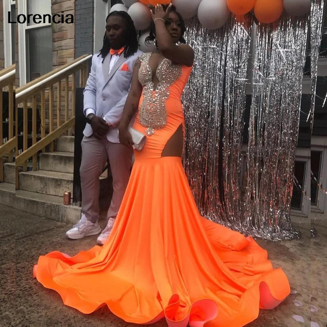 

Lorencia Sparkly Orange Sequins Mermaid Prom Dress For Black Girls 2024 Beading Crystal Formal Party Gown Robe De Soiree YPD91