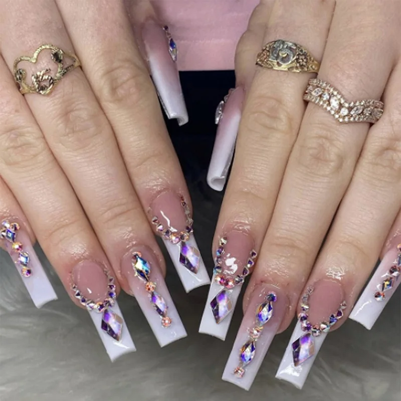 

404 Falsenails Nude Fade into White Wearable Ballerina Tips AB Diamonds Adorn French Full Fingernails Luxury Rich Fake Nails 24s