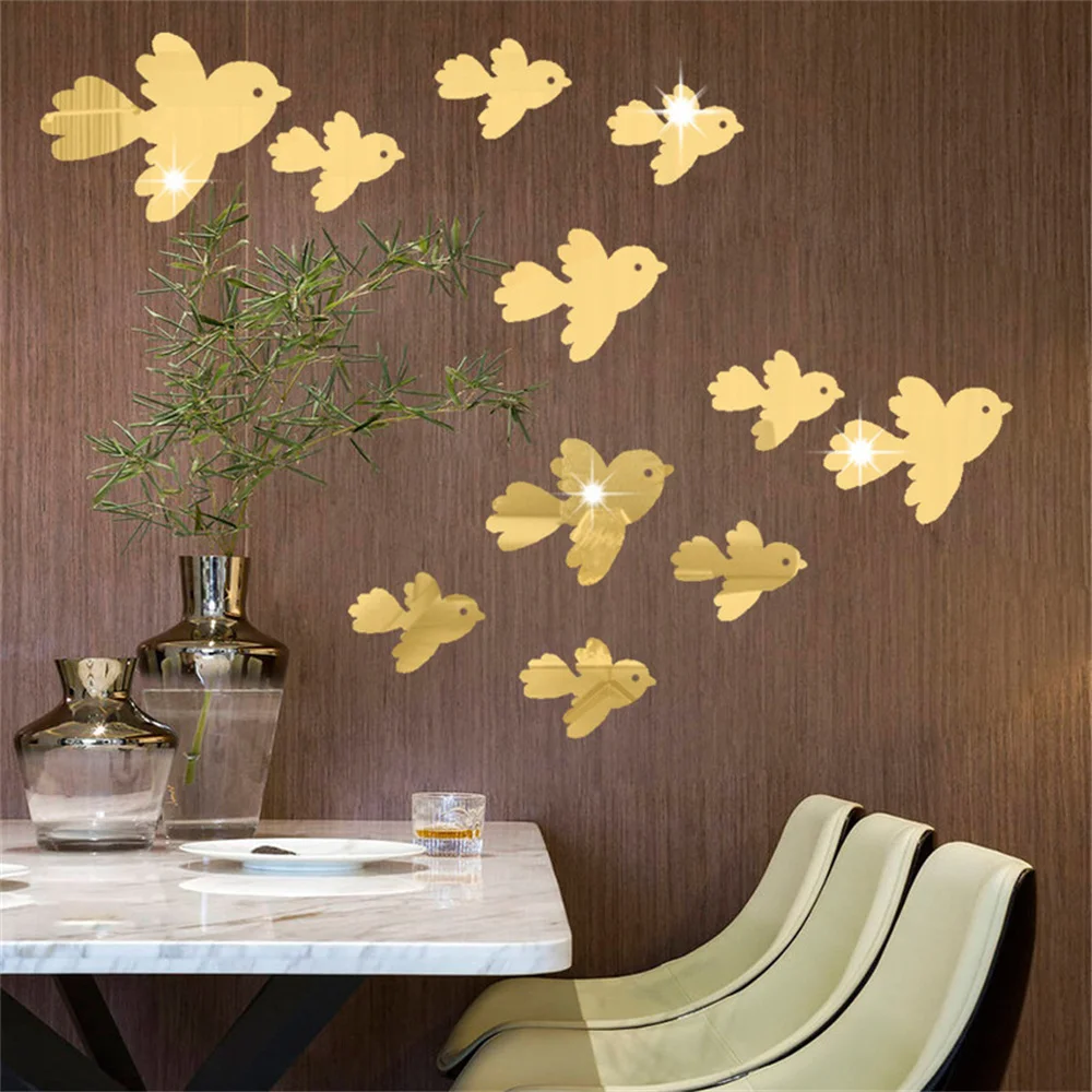 1set/12pcs 3D Little Bird Stickers Mirror Surface Decals DIY Self-adhesive Wall Art Mirror Stickers Home Decoration Mural Gift