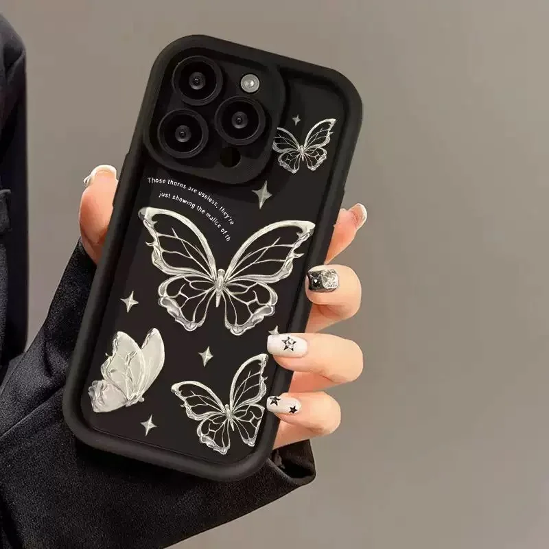 Silver Butterfly Cartoon Multistep Soft Phone Case with Lanyard