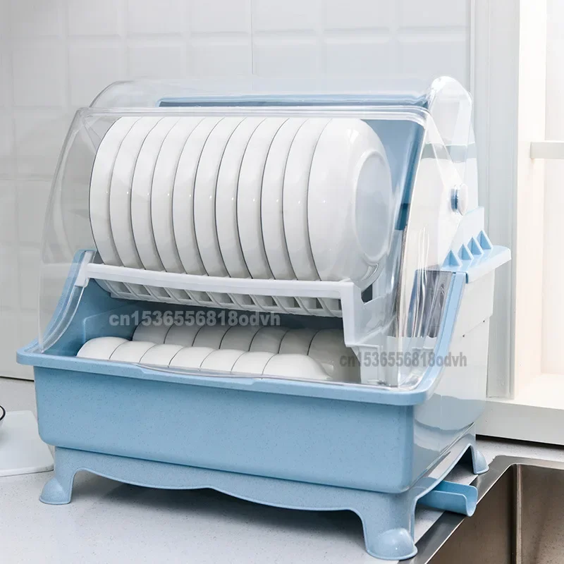 Kitchen Tableware Tableware Dish Storage Box Drain Rack Household Plastic Large Double-layer Dish Rack With Lid