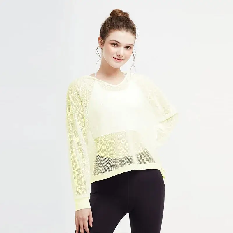 

Sheer Mesh See Through Yoga Top Sweatshirt Fitness Women Hoodie Long Sleeve Sport Workout Gym Top Lightweight Sun Shirt