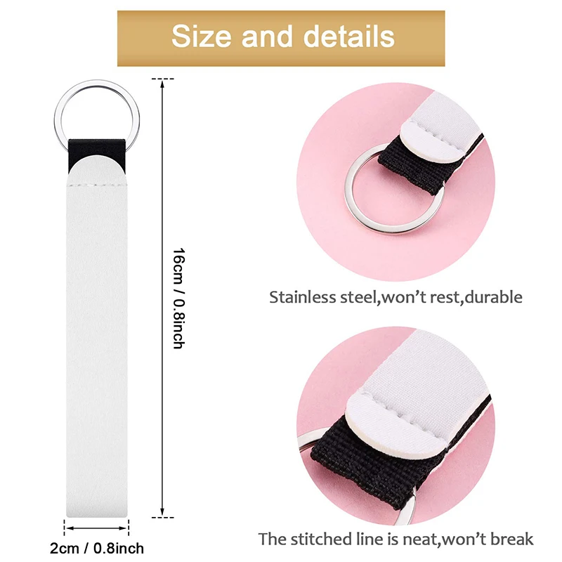 100Pcs Sublimation Keychain Blanks Wristlet Keychain DIY White Neoprene Keychain Wrist Lanyard Keychain Holder for Women Girls