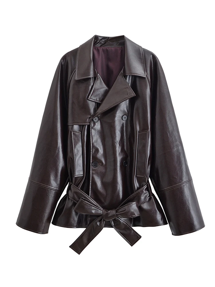 Fashion Women's Faux Leather Jacket Turn-down Collar Double Breasted Belt Coats 2025 Autumn New Ladies Casual Street Outwear