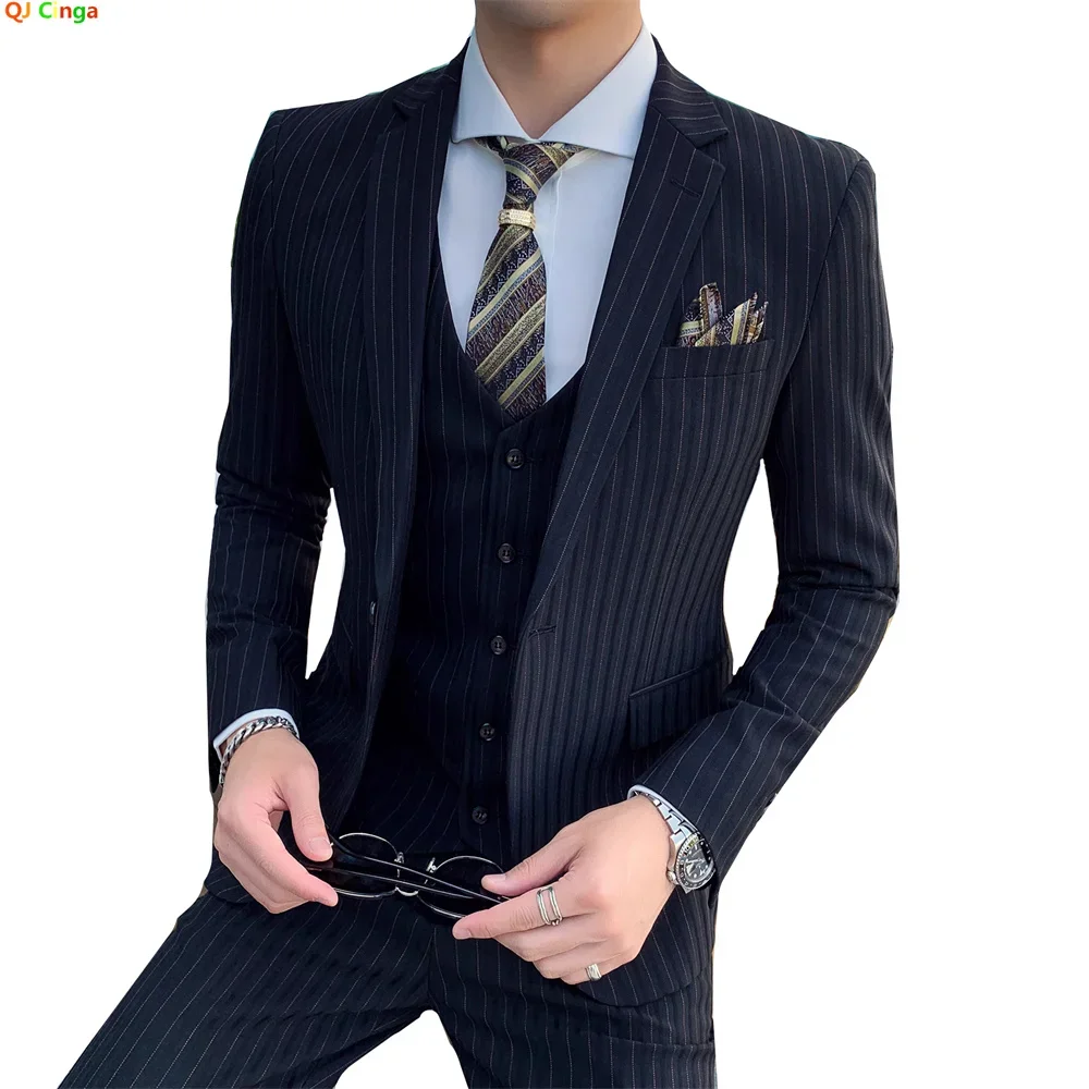 Blue Men Classic Striped/Checked Suit, Business Office 3 Piece Sets, Asian Size Slim Fit Men's Dress Suits, Black/Gray Available