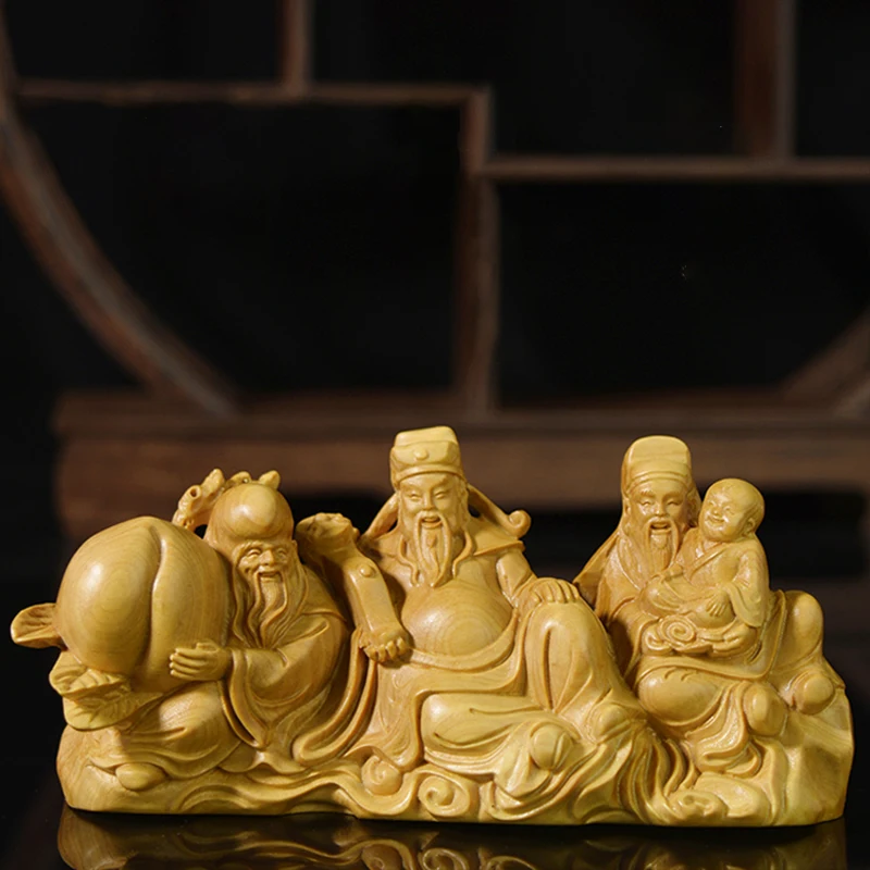 

13/17CM Fu Lu Shou Boxwood Decoration Statue Crafts Feng Shui Elder Birthday Gift Three Gods Sculpture Home Decor