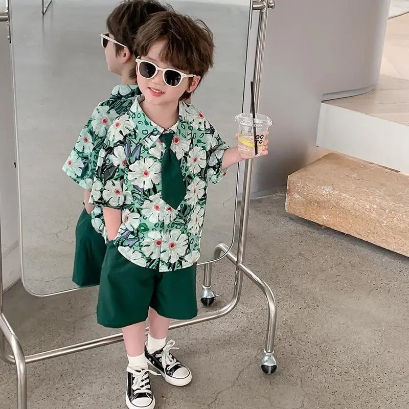 Kids Clothing Set 2-9 Yrs Boys Summer Flower Shirt Shorts Tie