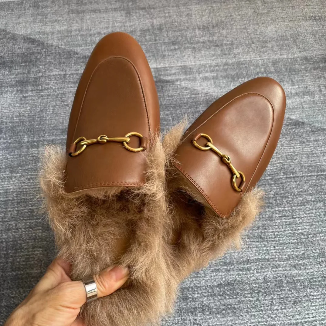 Top grade cowhide material round toe flat bottom half slippers, wool outdoor anti slip casual shoes,metal buckle fashion sandals 6