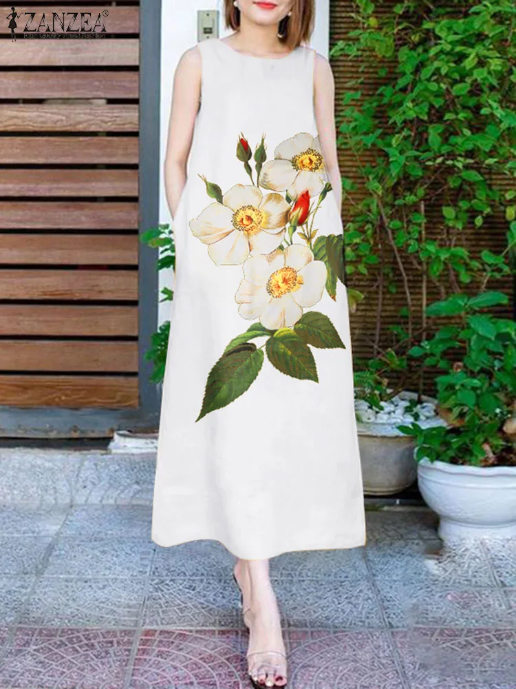 

Summer Floral Dress ZANZEA Women Sleeveless Printed Sundress Bohemian Vintage Robe Holiday Beach Dresses Casual Work Vestidos