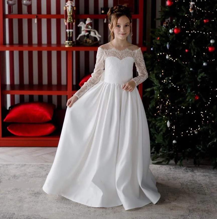 

Princess A-Line White Flower Girl Dress for Wedding Soft Satin Off the Shoulder Child First Communion Gown
