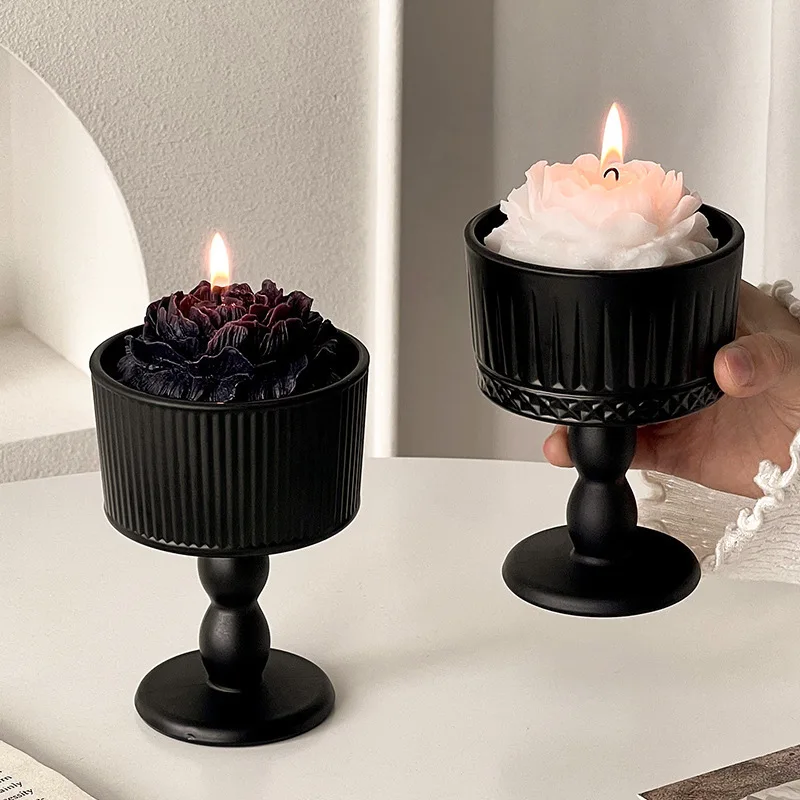 Elegant French Retro Black Frosted Glass Candle Holder - High-End Aromatherapy Decorative Ornament
