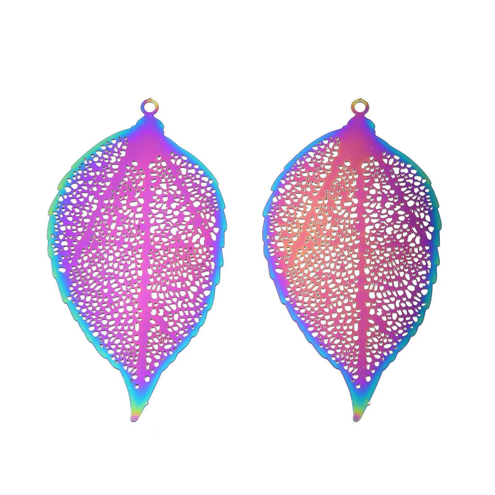 50Pcs Stainless Steel Hollow Filigree Leaf Pendants AB Colors Stamping Leaves Charms For Earring Necklace DIY Jewelry Making