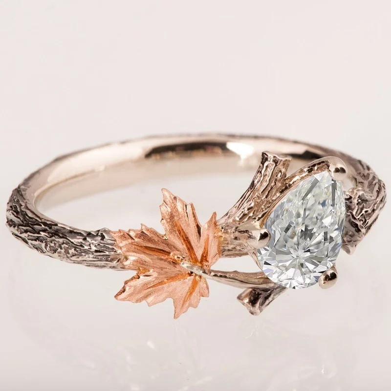 Twig and Leaf Engagement Ring, Gemstone Engagement Ring, Maple Leaf Ring