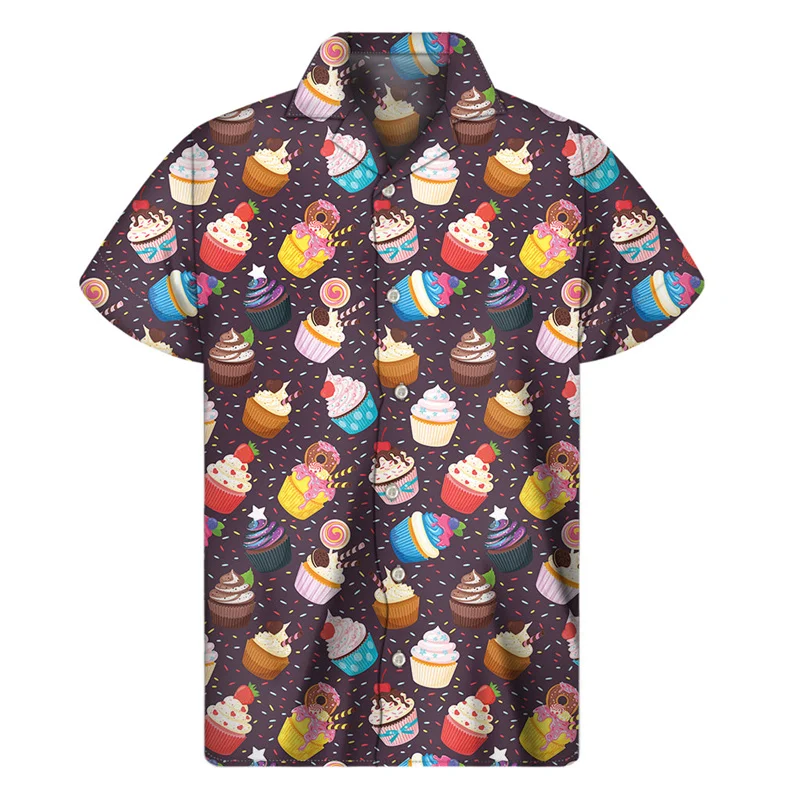 thumbnail image 1 of Camisas hawaianas con estampado 3D de cupcakes de dibujos animados para hombre, camisas con solapa de comida, camisetas holgadas de verano para la calle, blusas de manga corta con botones, 1 of 4