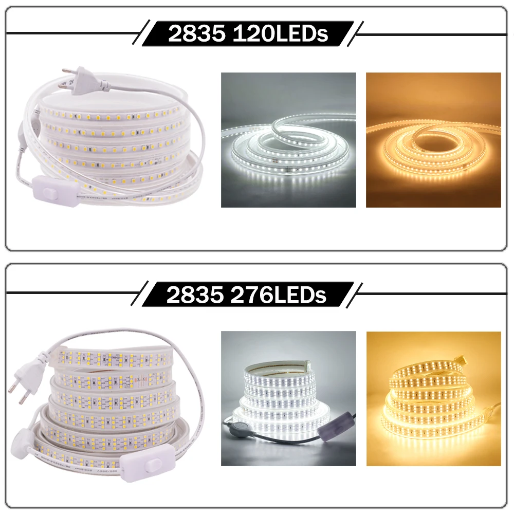 276Leds/m Super Bright LED Strip Light 220V 2835 Flexible LED Tape with Switch 120Led/m Outdoor Waterproof LED Ribbon Rope Light