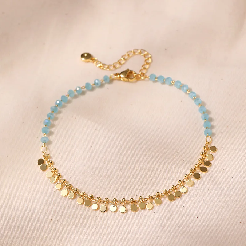 Exotic Style Light Blue Beads Women Anklet With Round Tassel Pendant Copper Plated 18K Gold Adjustable Chain  Elegant Jewelry