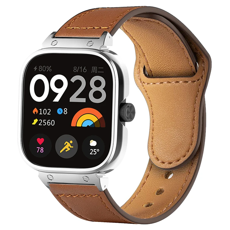 Premium Leather Strap with Metal Case Protector and Watchband Belt