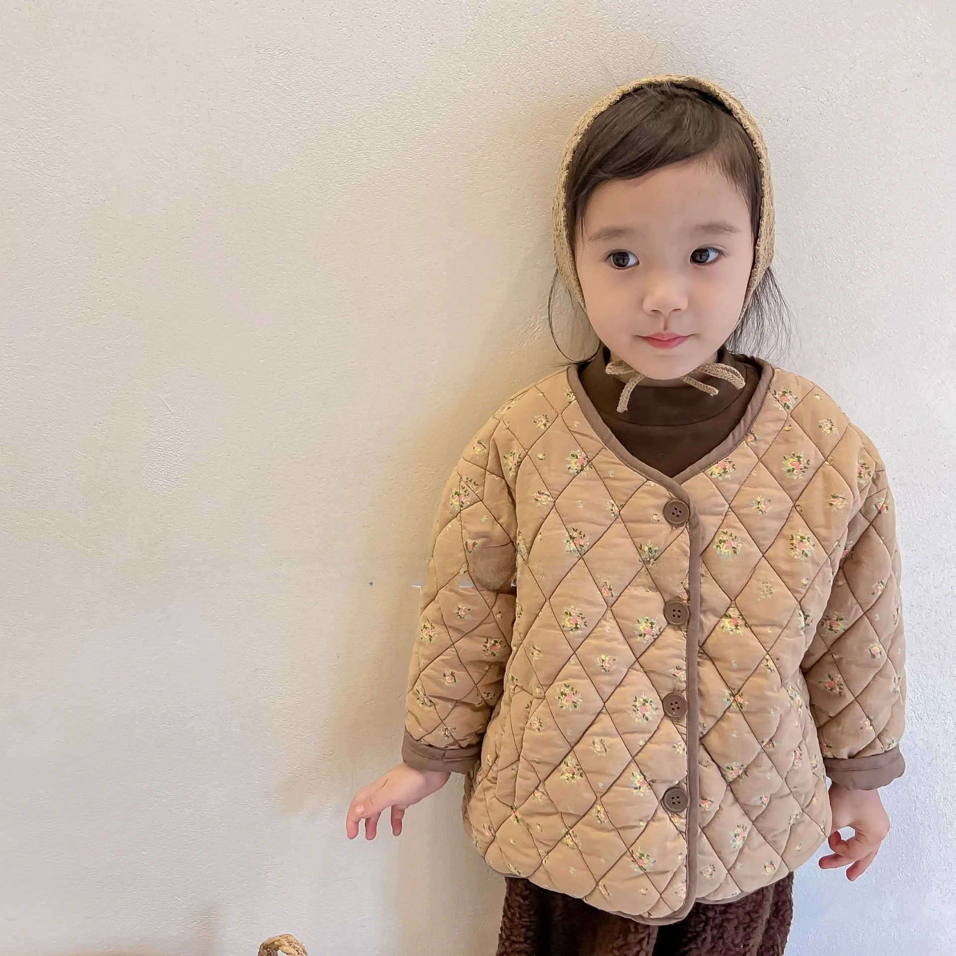 2024 여아용 코튼 패딩 재킷, 플라워 싱글 브레스트 가디건, 아동복, 한국 버전, 가을 및 겨울 코트