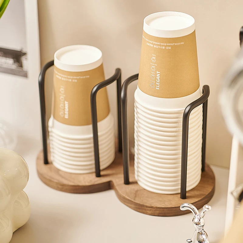 Luxury Walnut Wood Cup Holder Coffee Station Paper Cup Rack For Plastic Cups Storage Milk Tea Organizer Office Disposable