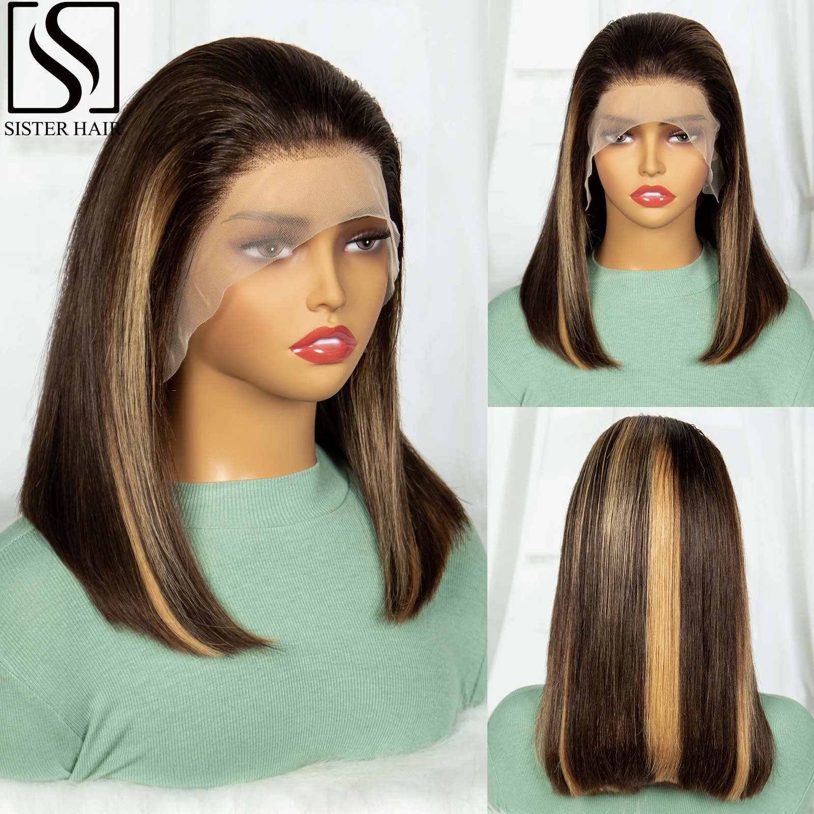 

180% Density P4-27 Color Short Straight Bob Wigs 13x4 HD Lace Frontal Wig for Women Colored Brazilian Remy Human Hair Bob Wig