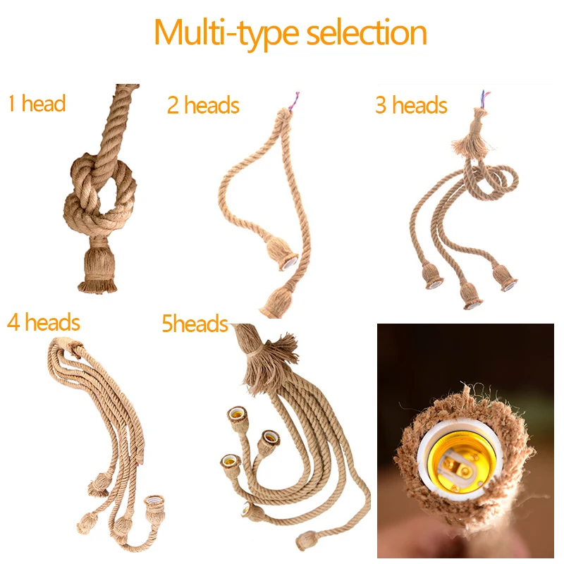 Vintage Hemp Rope Pendant Light Holder 1/2/3/4/5 head AC85-265V Loft Personality Industrial Pendant Lamp Edison hanglamp