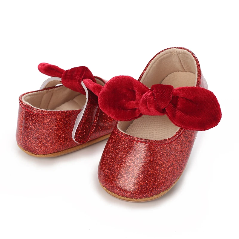 Baby shoes Red classic PU leather girl bow princess flat shoes anti slip rubber sole walking newborn baby crib dress shoes 0-18M