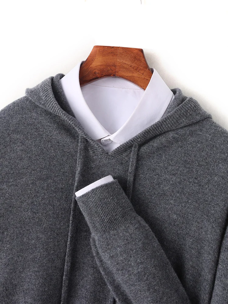 Men's 100% Wool Hooded Collar Knitted Pullover Autumn Winter New Cashmere Sweater Casual long Sleeved Hoodie Tops 3