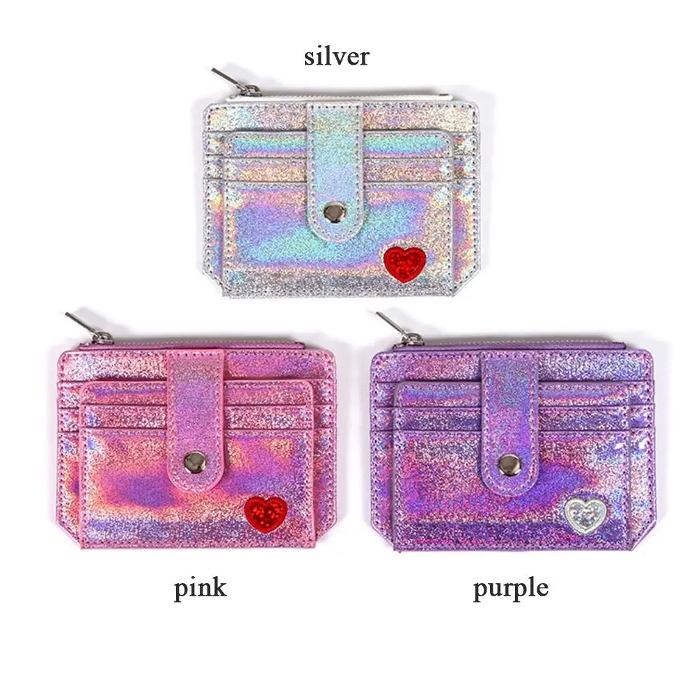 Mini Cute Laser Shining Heart Bus ID Card Case Cardholder Sequins Credit Card Holder Crystal Color Multi Slim Wallet
