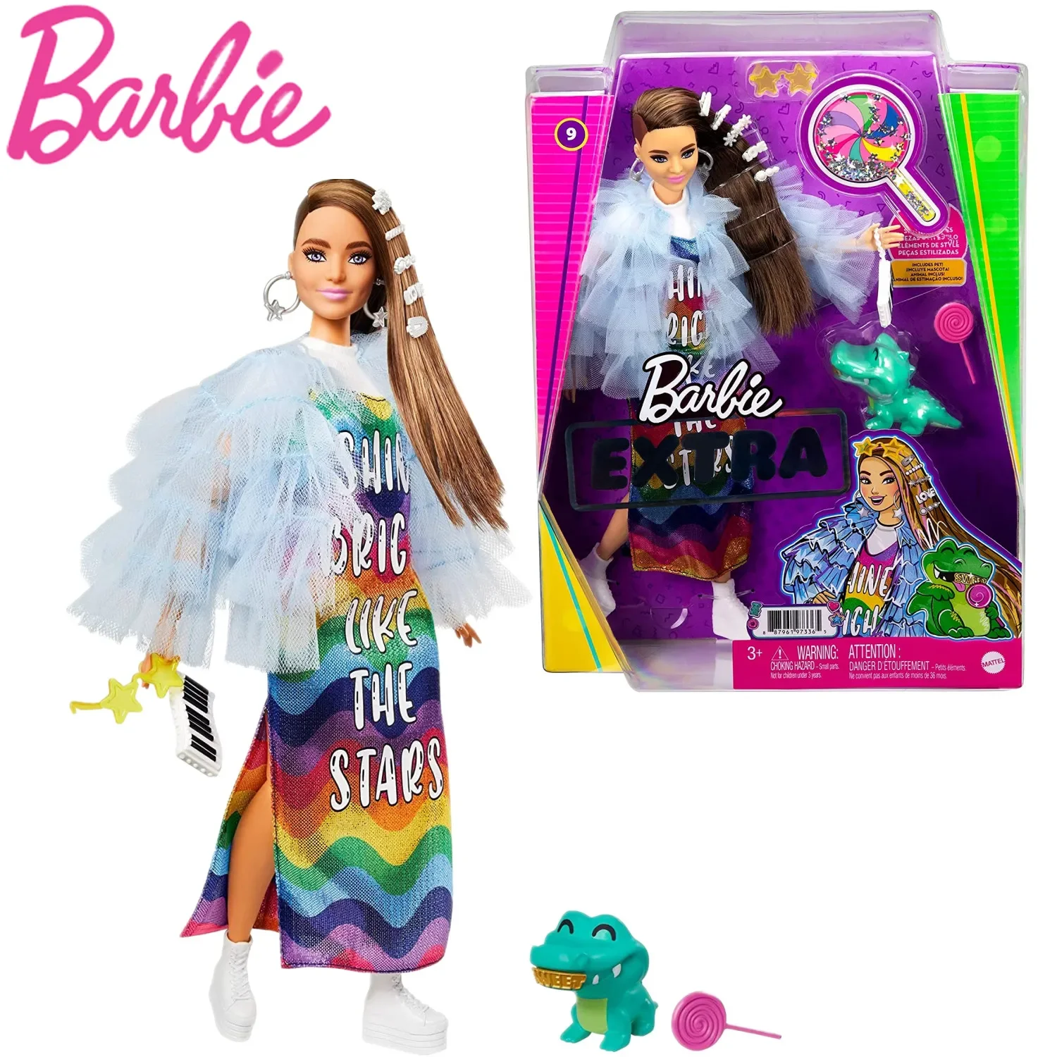 

100% Original Barbie Extra Doll #9 with Rainbow Dress Pet Crocodile Genuine Brand Toys for Girls Birthday Christmas Gifts GYJ78