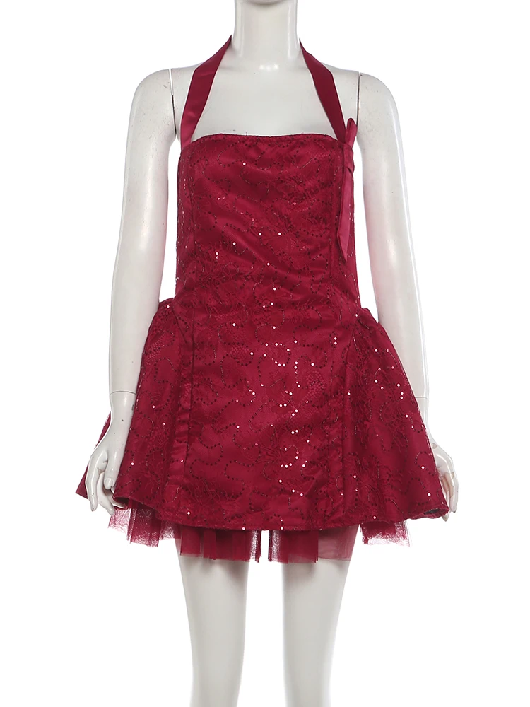 Nibber Birthday Party Jacquard Dresses+Mesh Puffy Skirts Women Sexy Noble Bow Sequin Sleeveless Halter Backless Stretch Suits