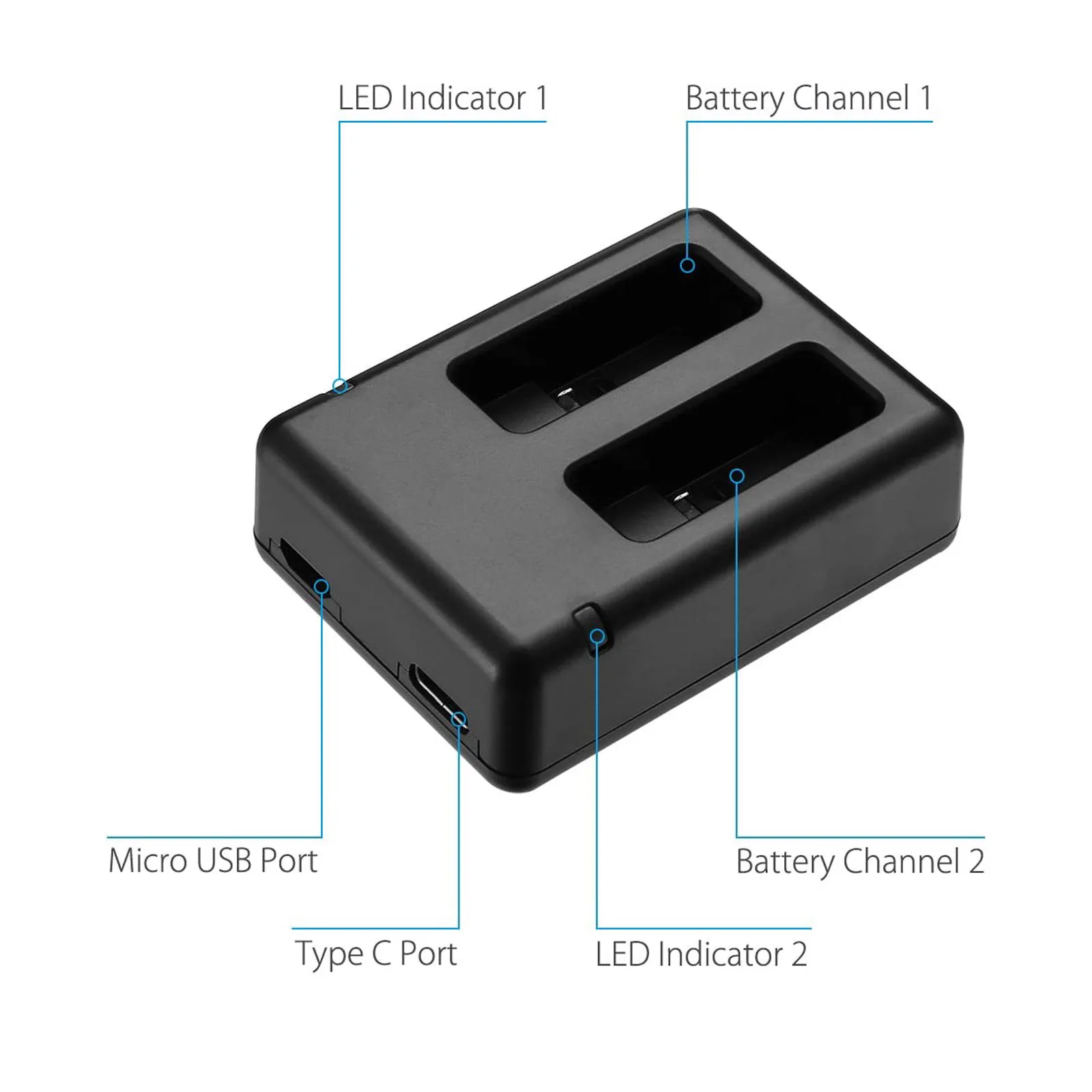 Chargeur double pour GoPro HERO8 noir avec batterie insérée, LED verte allumée indiquant la charge, recharge rapide 5V/2A
