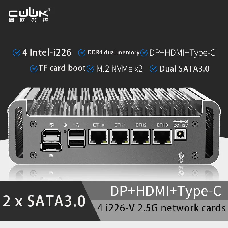 Intel 12th Generation Intel 2.5G Soft Router PC Celeron J6413J/6412 4 Network Ports i226-V LAN Fanless Mini PC Firewall Computer bebepc mini pc intel celeron j6412 i226 v 2 5g 6 lan ddr4 fanless pfsense firewall router sim slot industrial computador