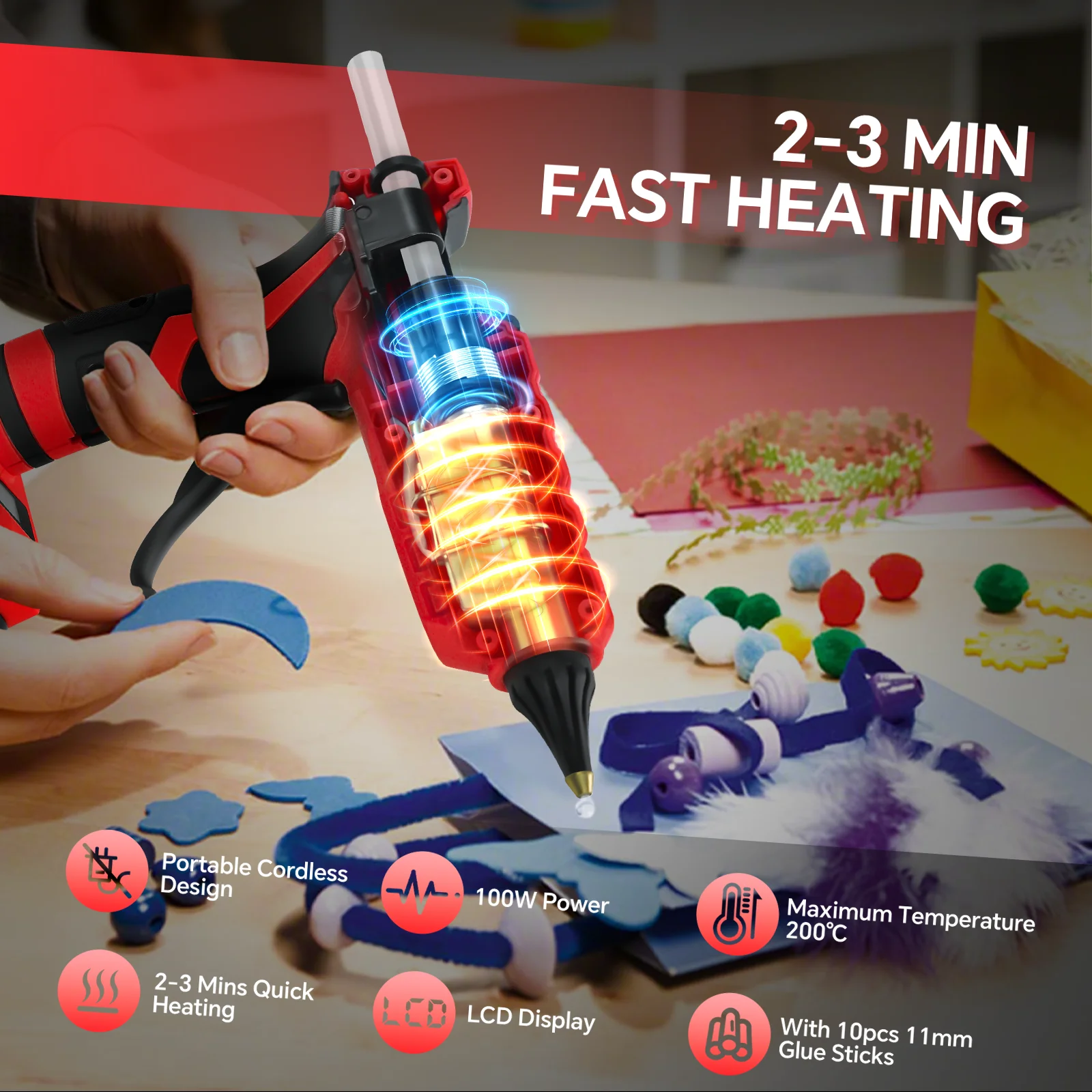 100W Cordless Hot Glue Gun Temp Adjust LCD Digital Display with 10Pcs 11mm Glue
