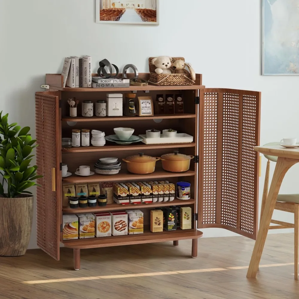 5 Tier Boho Wooden Shoe Cabinet - Adjustable Shelves & Curved Iron Rattan Door Shoe Storage Organizer 6