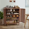 5 Tier Boho Wooden Shoe Cabinet - Adjustable Shelves & Curved Iron Rattan Door Shoe Storage Organizer 6