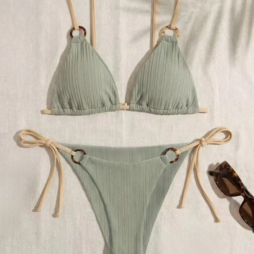 Women's Padded Three-point Bikini Set Solid Color Spaghetti Strap Hoop Sexy Swimsuit Two-piece Swimwear WirelBathing Suit 4