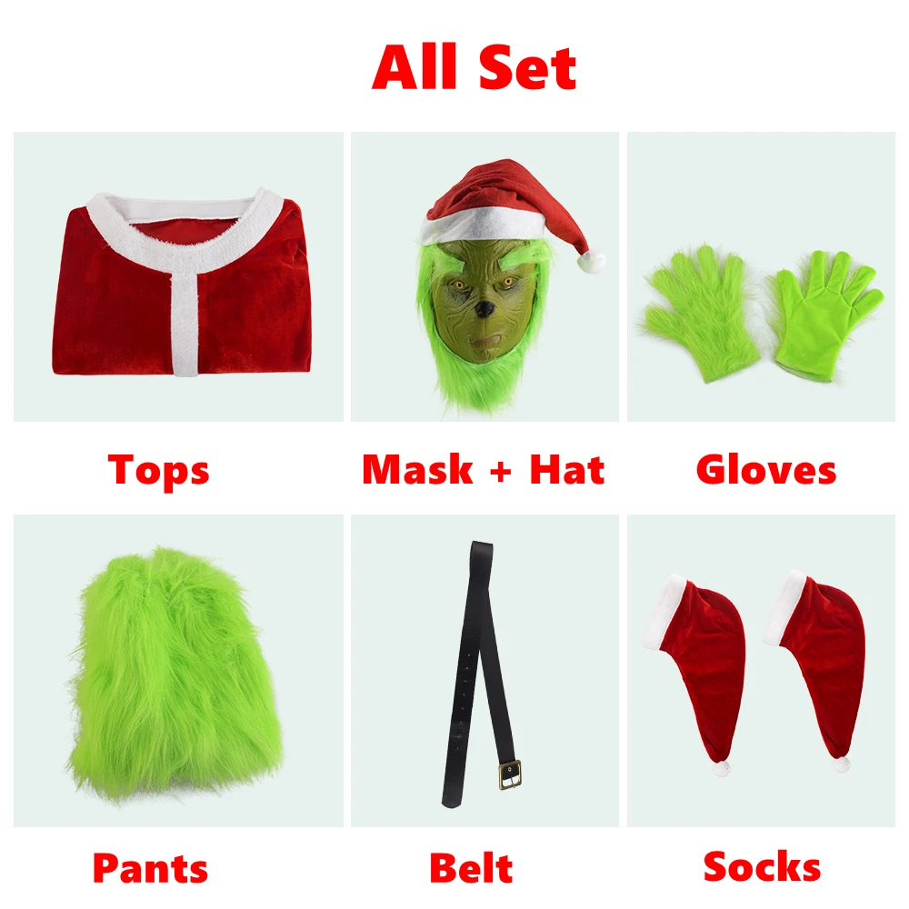 thumbnail image 1 of Disfraces de cosplay de Grinch de Feliz Navidad, máscara de peluche de ladrón verde, pantalones, guantes, gorro rojo de Papá Noel, camisetas, calcetines, conjunto festivo, regalo de Navidad, 1 of 4