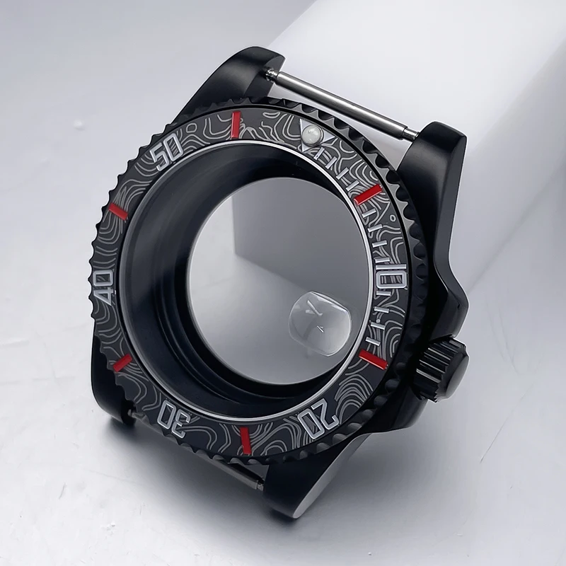 All-Black Sub Style Watch Case with Rubber Strap and Sapphire Crystal