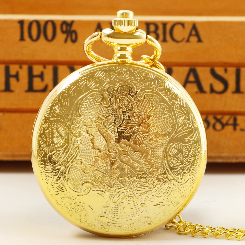 Golden Horse Carving Hollow Quartz Pocket Watches With Chain Men Women Steampunk Vintage Necklace FOB Watch Gifts