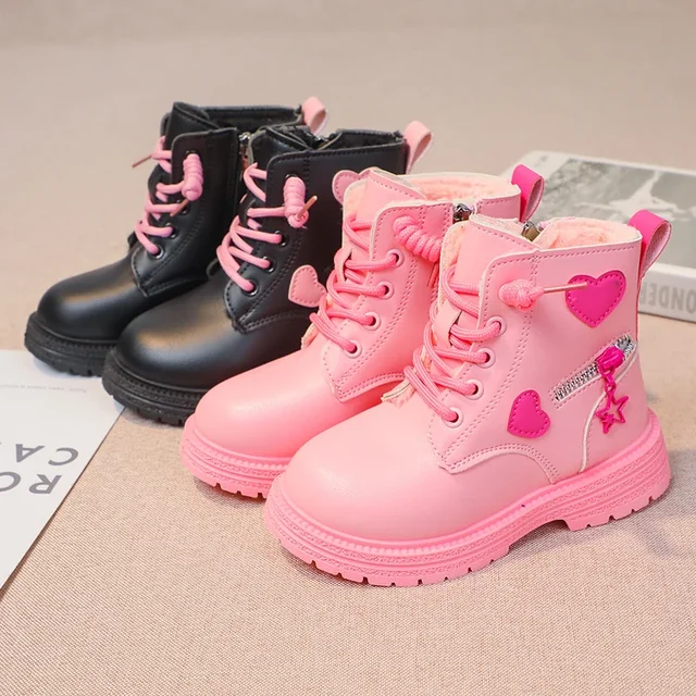 Girls Boots Kids Fashion Rubber Boots Cool Girl Autumn and Winter Cotton Soft Sole Pink with Love Side Zip Princess Round-toe PU