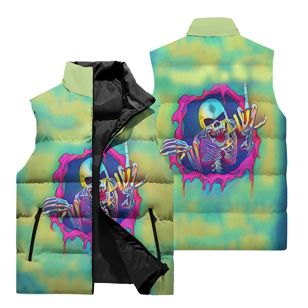 thumbnail image 1 of Chaqueta sin mangas con estampado de calavera 3D para hombre, estilo hip hop callejero, resistente al viento, cálida, con cuello alto y bolsillo con cremallera, 1 of 5