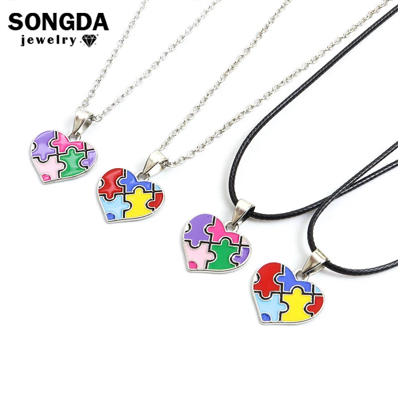 

Autism Awareness Puzzle Necklace For Children Kids Gifts Link Chain Heart Jigsaw Alloy Enamel Fashion Pendant Necklaces Jewelry