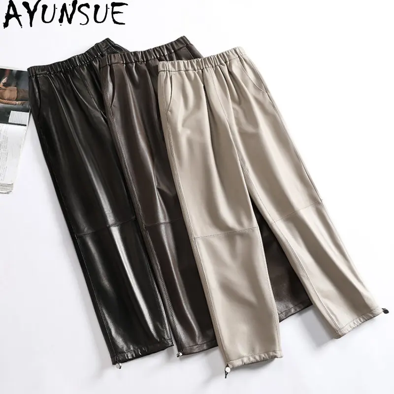 

AYUNSUE Real Leather Pants Women Genuine Sheepskin High Elastic Waist Nine-point Pants Straight Pants Drawstring Leggings SGG