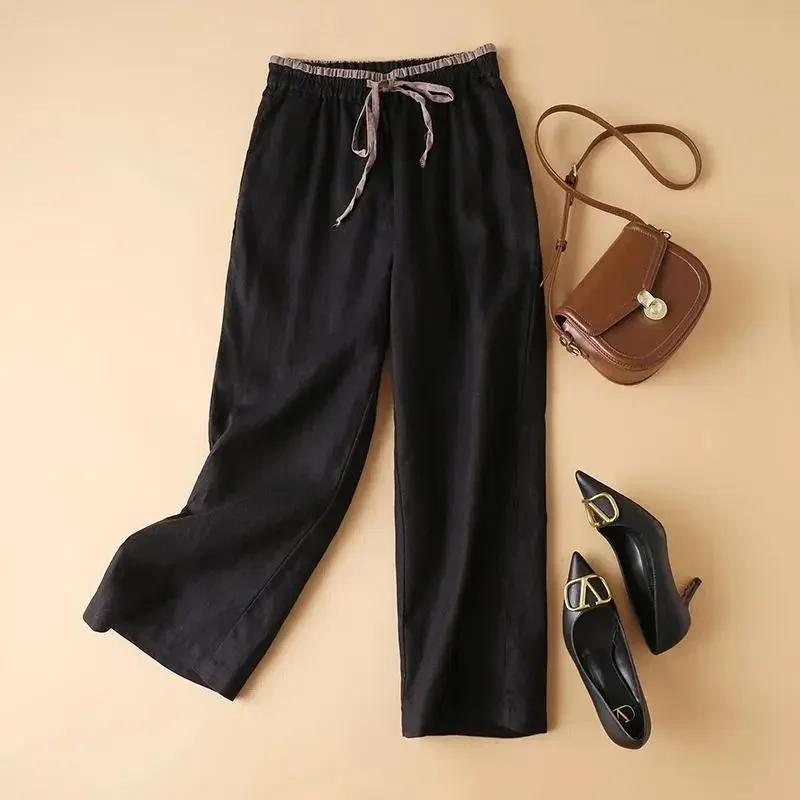 

Эластичные брюки с высокой талией в стиле пэчворк, цветные льняные повседневные женские брюки на шнуровке, корейские модные брюки до щиколотки для женщин 2023 X133