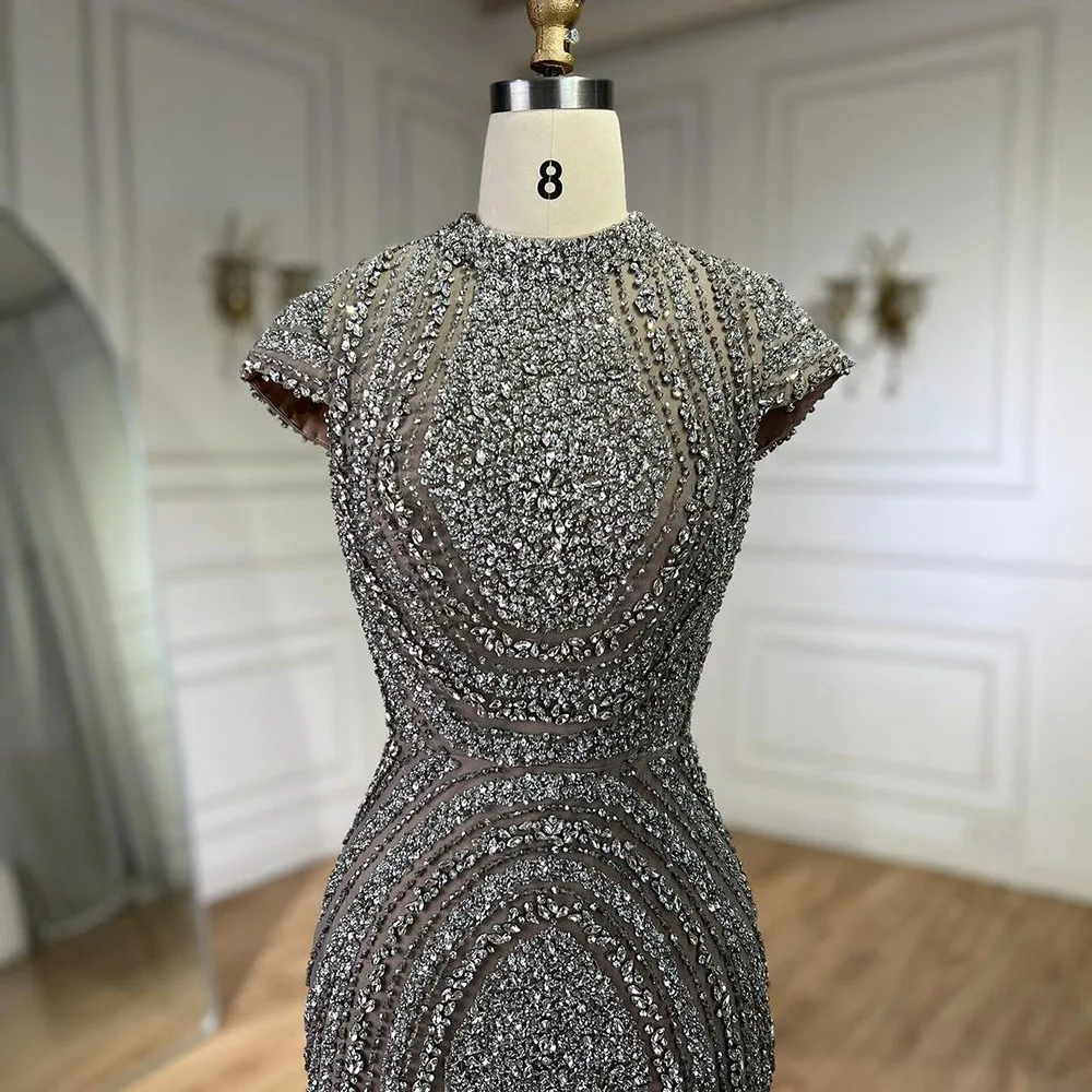 Serene Hill 2025 Arabic Dubai Gray Nude Mermaid Floor Length Beaded Luxury Evening Dresses Gown Customize Wedding Party BLA72344 5