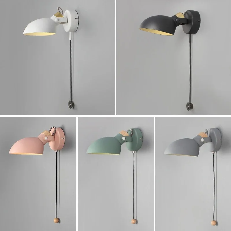 Modern Iron Wall Lamp Macaron Pull Button Rotatable Light Bedroom Living Room Study Kitchen Bedside Home Decor Lighting
