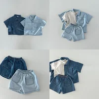 Ensemble deux pièces décontracté en denim pour enfants, chemise à manches courtes et short trempés, vêtements coréens pour garçons et filles, été, nouveau, 6856-1 1