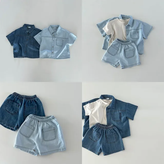 Ensemble deux pièces décontracté en denim pour enfants, chemise à manches courtes et short trempés, vêtements coréens pour garçons et filles, été, nouveau, 6856-1 1