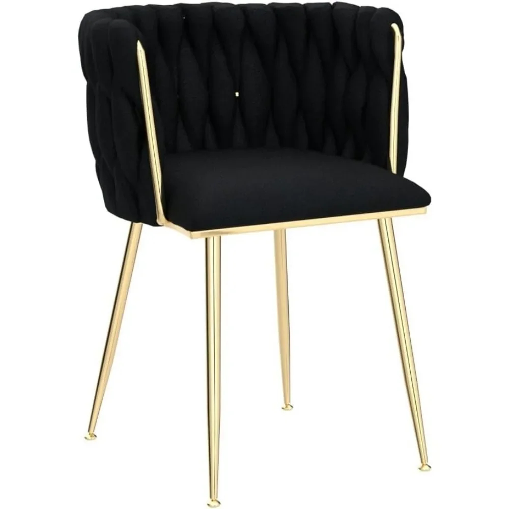 Modern Velvet Dining Chairs Hand Weaving Accent Upholstered Side Chair with Golden Metal Legs for Dining Room